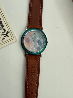 Vintage Cigna Tomax Wristwatch NOS Teal Abstract Dial Leather Band Promo Watch